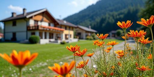 Welcoming image of Raststation Enzian with alpine flowers