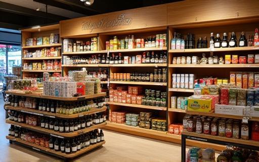 A display of local Austrian products and souvenirs available in the Raststation Enzian convenience store