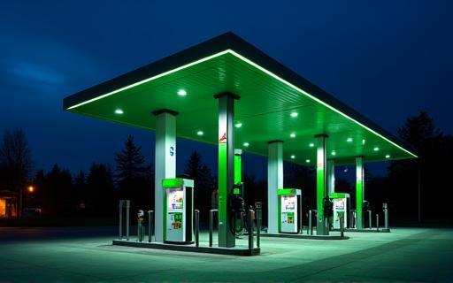 Modern, well-lit fuel pumps at Raststation Enzian during the evening, showcasing accessibility