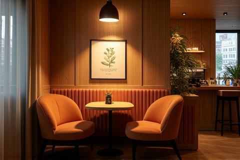 A cozy seating corner in the Enzians Mokka cafe, with comfortable chairs and warm lighting
