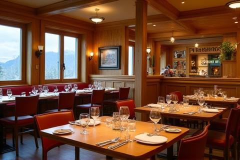 Interior view of the Alpenblick restaurant showing well-set tables and alpine decor