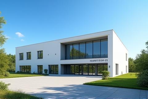 Bright exterior view of Raststation Enzian under a sunny blue sky, highlighting its modern architecture