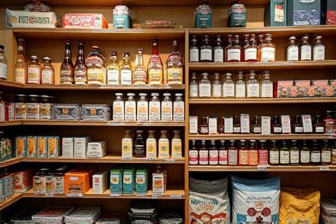 A well-organized display of unique local Austrian products and souvenirs in the Alpenmarkt convenience store