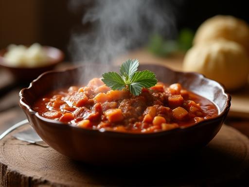 A steaming bowl of traditional Austrian Goulash served with bread dumplings at Raststation Enzian